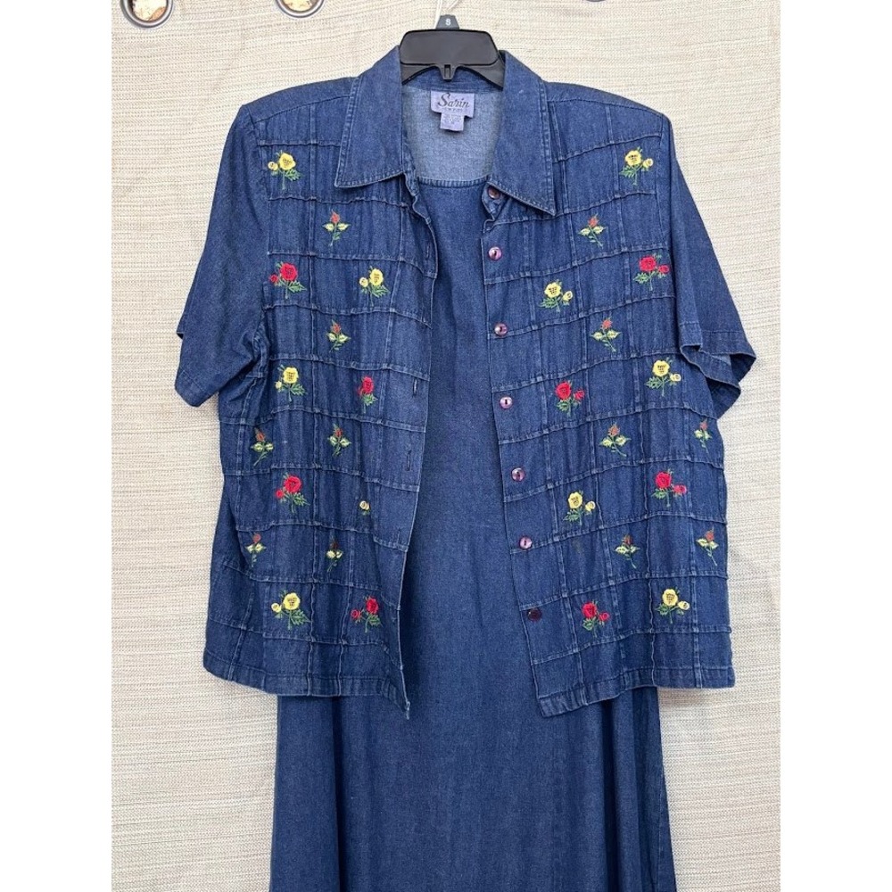 Sarin New York Womens Blue Denim Floral Embroidered Maxi Dress and Jacket Set 16